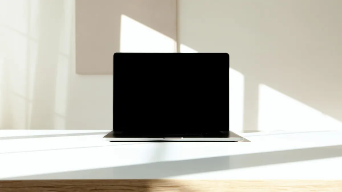 Open laptop with a dark screen on a bright white desk.