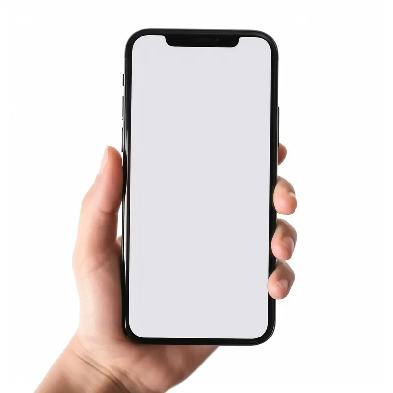A hand holding a smartphone with a blank white screen against a white background.