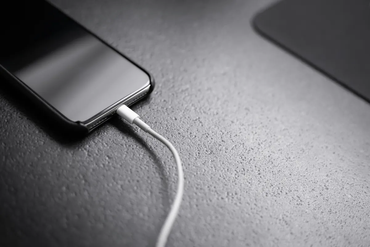 A smartphone with a dark screen connected to a white charging cable on a dark textured desk.